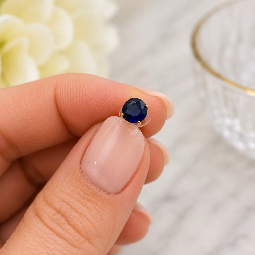 10K Solid Gold Lab Created Sapphire Stud Earrings 5mm Round Blue Studs